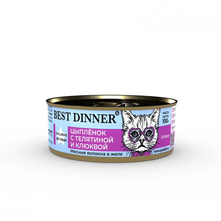 Best Dinner Exclusive Vet Profi Urinary Консервы для взрослых кошек при мочекаменной болезни желе с цыпленок с телятиной и клюквой 100г